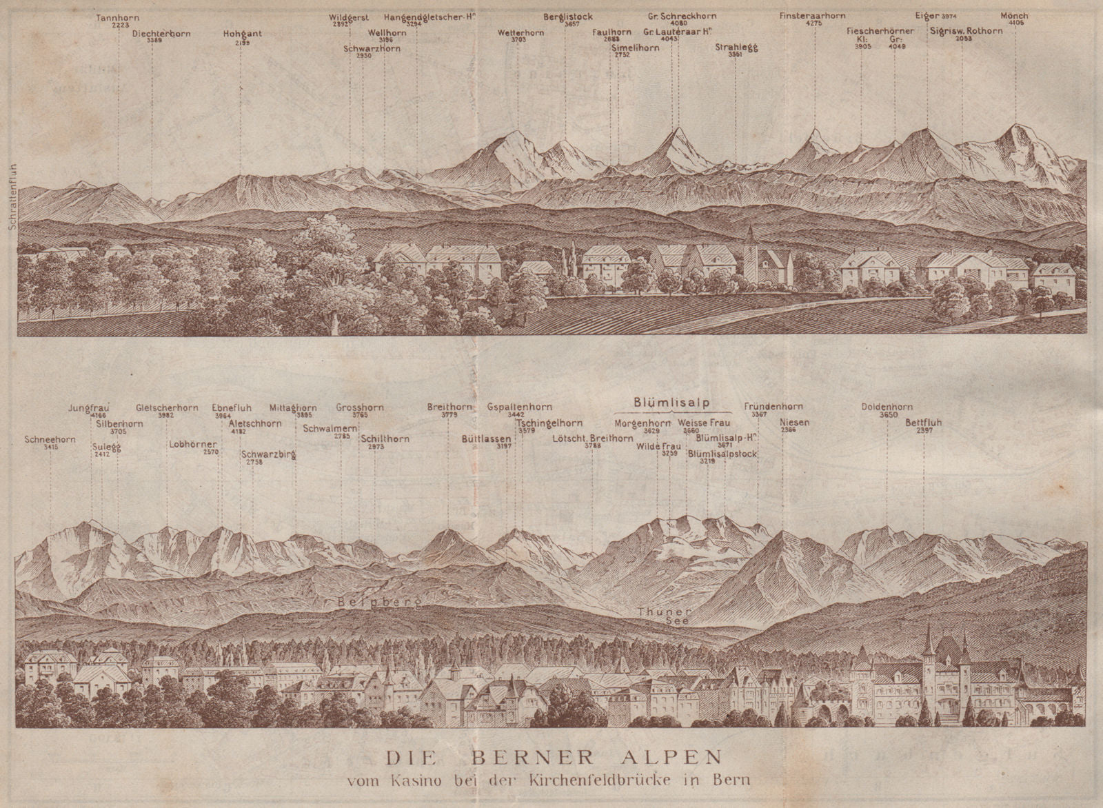 PANORAMA vom/from BERN/Berne. Blumisalp Eiger Jungfrau Gletscherhorn 1913 map